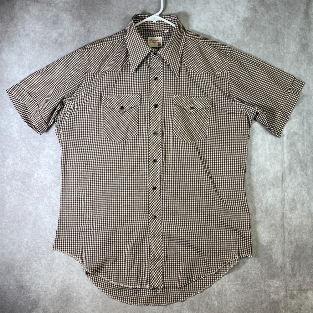 VINTAGE 60s Wrangler Shirt Mens 17 XL Brown Plaid Long Tail Short Sleeve USA
